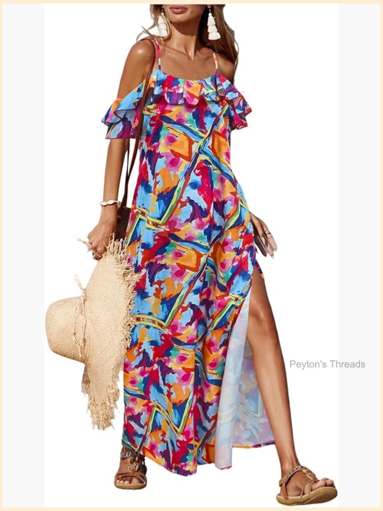 Boho Printed Cold Shoulder Ruffle Maxi Dress With Slit
